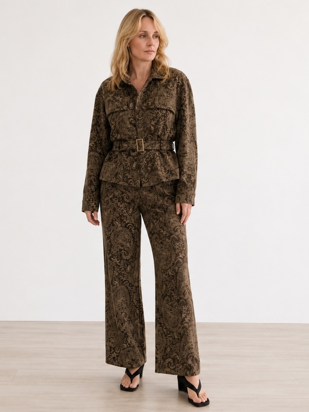 A504 Brown Paisley Belted Utility Jacket & Pants Set